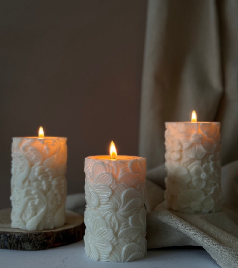 Floral Pattern Pillar Candle: Soy Wax Home Decor