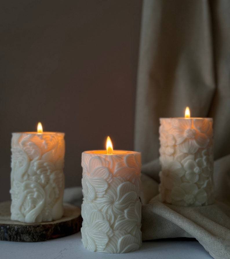Floral Pattern Pillar Candle: Soy Wax Home Decor
