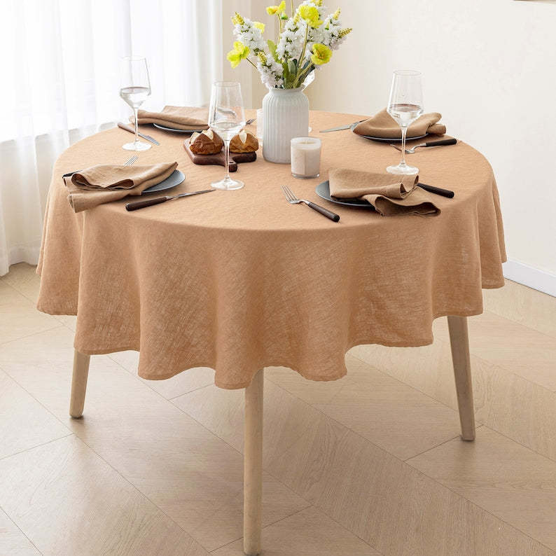 Round Linen Tablecloth – 100% Pure European Flax, Soft & Durable – Natural Eco-Friendly Table Cloth for Dining, Wedding and Everyday Decor