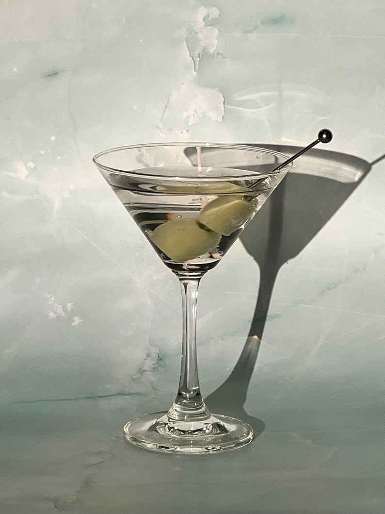 Martini Candle: Gel Wax, Extra Olives, Reusable Glass / Cocktail Candles / Dirty Martini Lovers / Housewarming Gifts / Bar Car Ideas