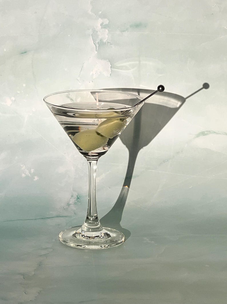 Martini Candle: Gel Wax, Extra Olives, Reusable Glass / Cocktail Candles / Dirty Martini Lovers / Housewarming Gifts / Bar Car Ideas