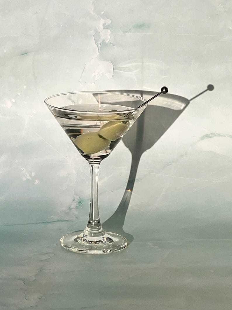 Martini Candle: Gel Wax, Extra Olives, Reusable Glass / Cocktail Candles / Dirty Martini Lovers / Housewarming Gifts / Bar Car Ideas