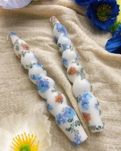 Blue Wildflower Taper Candles,Set of 2 Taper Candles,Hand Painted Candles,Chinoiserie Blue and White Floral Taper Candles Mother's Day Gift