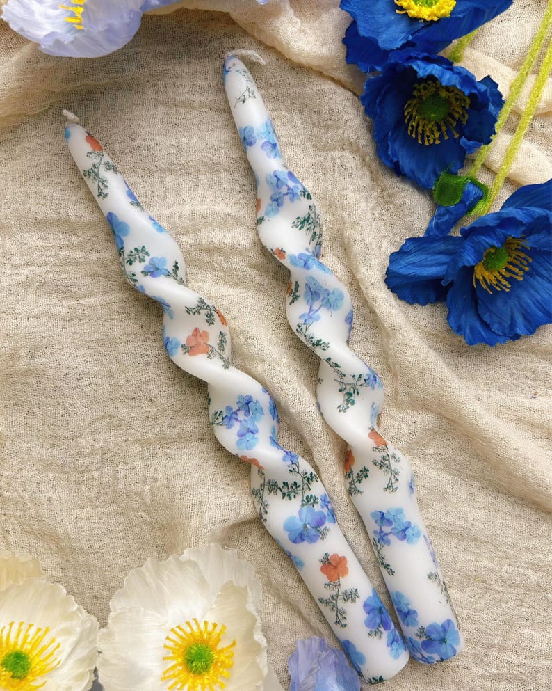 Blue Wildflower Taper Candles,Set of 2 Taper Candles,Hand Painted Candles,Chinoiserie Blue and White Floral Taper Candles Mother's Day Gift