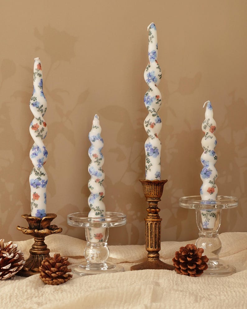 Blue Wildflower Taper Candles,Set of 2 Taper Candles,Hand Painted Candles,Chinoiserie Blue and White Floral Taper Candles Mother's Day Gift