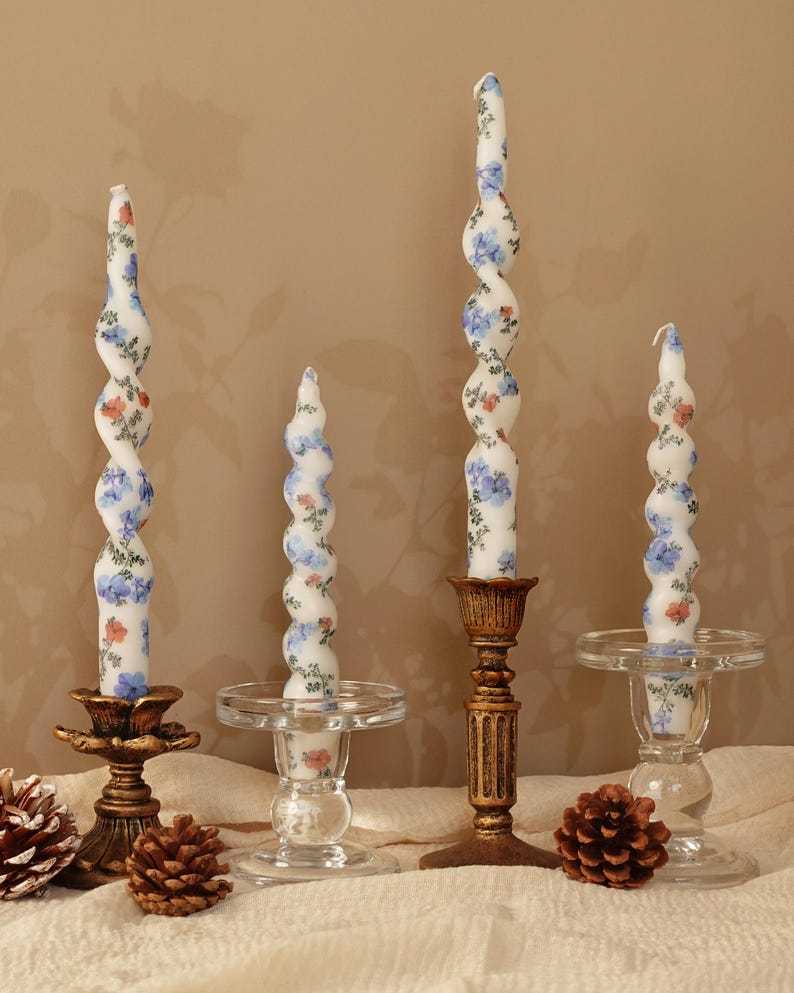 Blue Wildflower Taper Candles,Set of 2 Taper Candles,Hand Painted Candles,Chinoiserie Blue and White Floral Taper Candles Mother's Day Gift