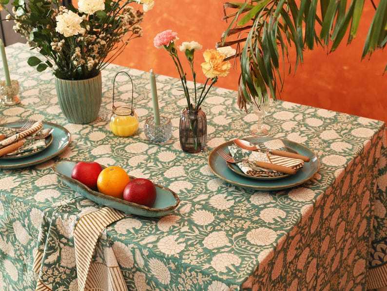 Moss Green Floral Indian Hand Block Printed Rectangle Tablecloth, Cotton Table Cover, Housewarming Gifts, French Tablecloth, Boho Wedding