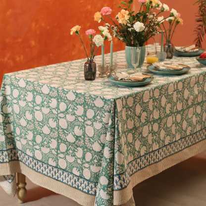 Moss Green Floral Indian Hand Block Printed Rectangle Tablecloth, Cotton Table Cover, Housewarming Gifts, French Tablecloth, Boho Wedding