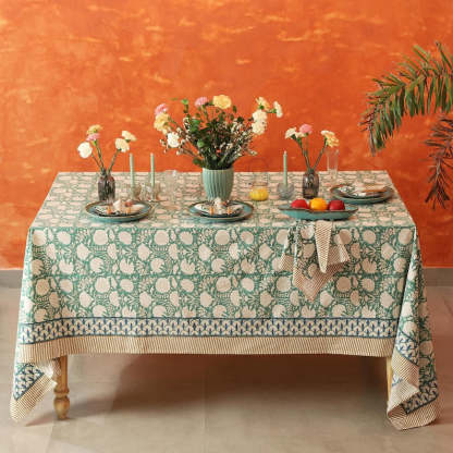 Moss Green Floral Indian Hand Block Printed Rectangle Tablecloth, Cotton Table Cover, Housewarming Gifts, French Tablecloth, Boho Wedding