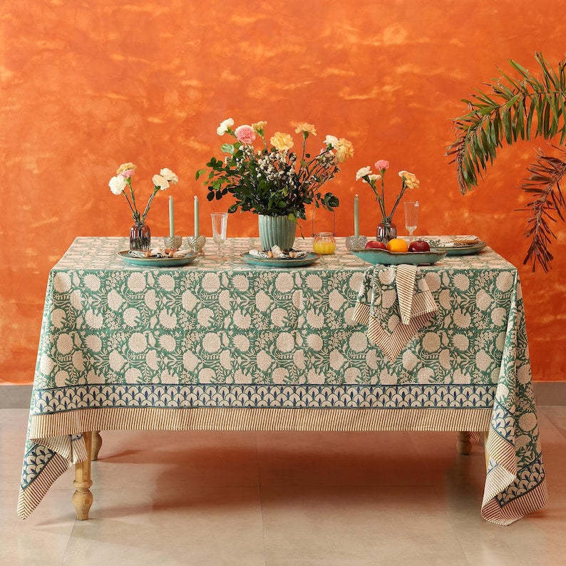 Moss Green Floral Indian Hand Block Printed Rectangle Tablecloth, Cotton Table Cover, Housewarming Gifts, French Tablecloth, Boho Wedding