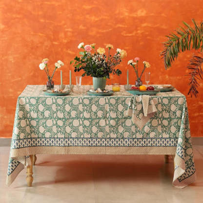Moss Green Floral Indian Hand Block Printed Rectangle Tablecloth, Cotton Table Cover, Housewarming Gifts, French Tablecloth, Boho Wedding