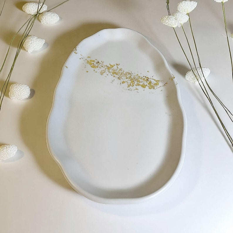Gold Flake Concrete Tray: Oval Trinket Dish & Candle Holder