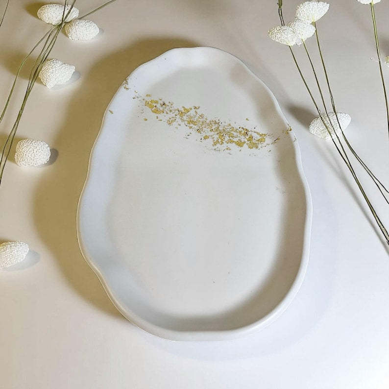 Gold Flake Concrete Tray: Oval Trinket Dish & Candle Holder