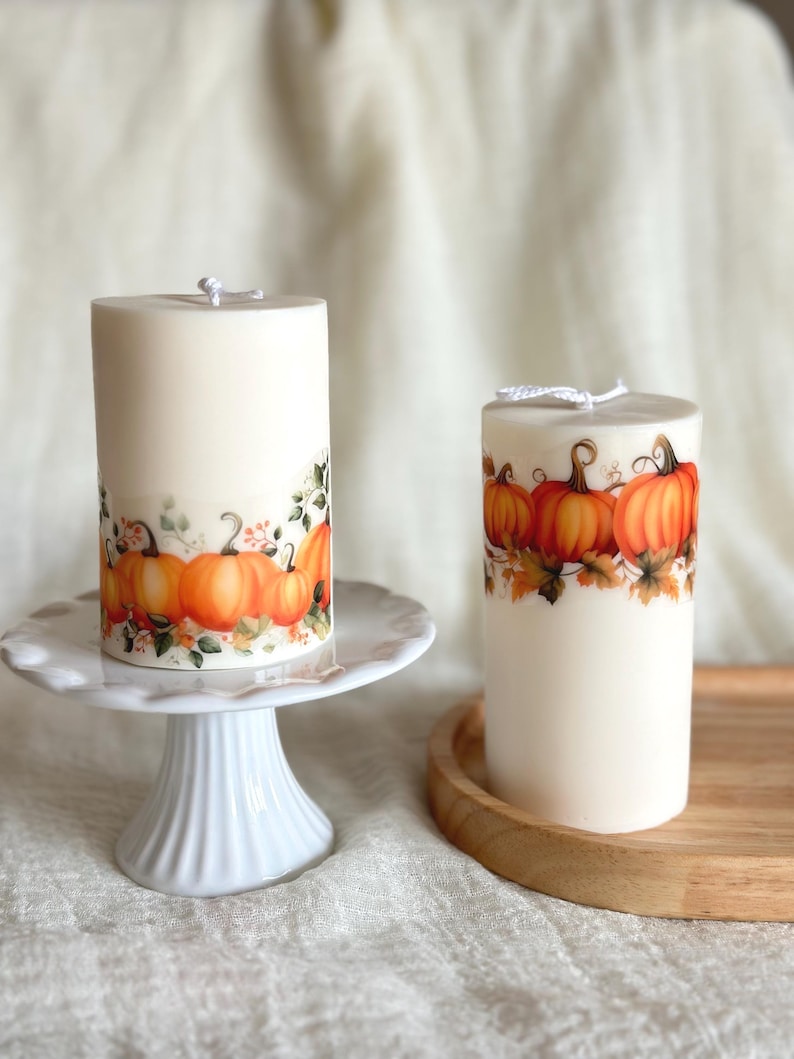 Autumn Pumpkin Pillar Candle Set: Olive Wax, Fall Home Decor