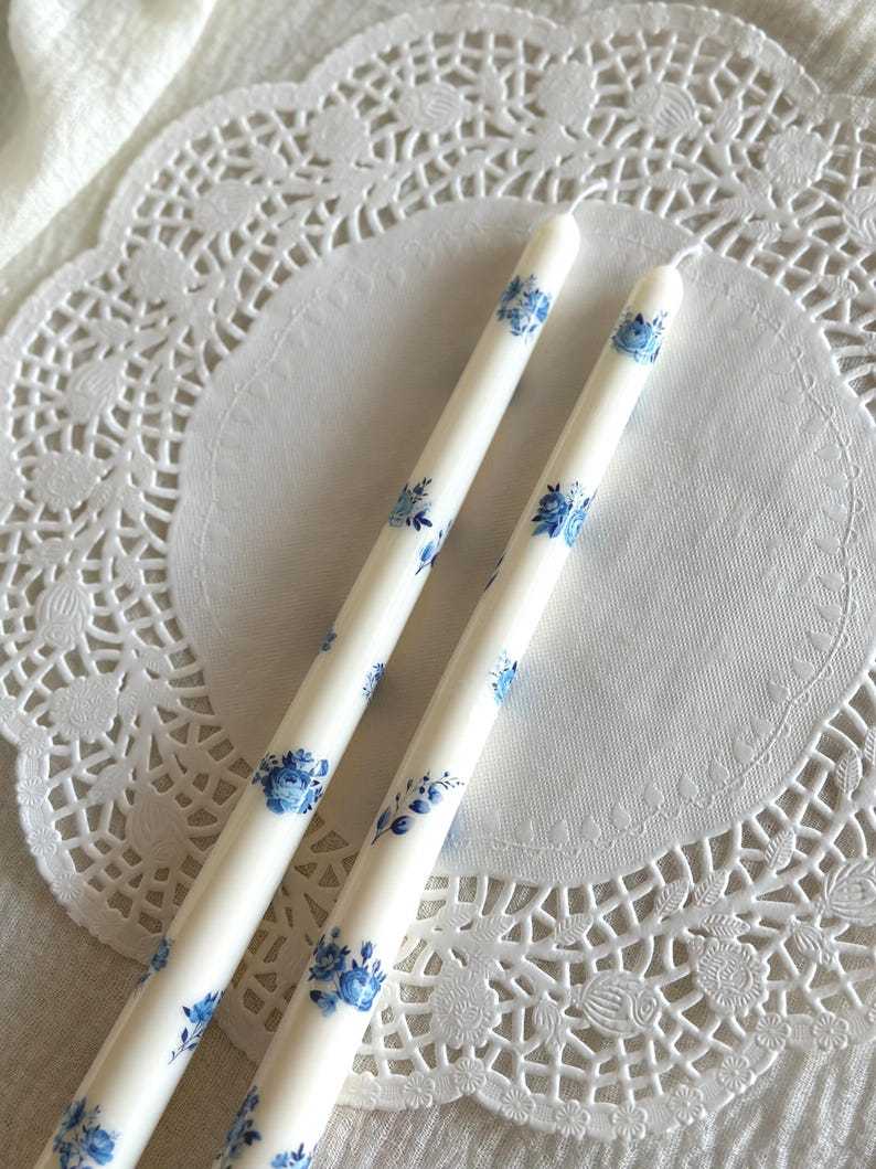Blue Floral Taper Candles: Elegant Home Decor, 10 Inch