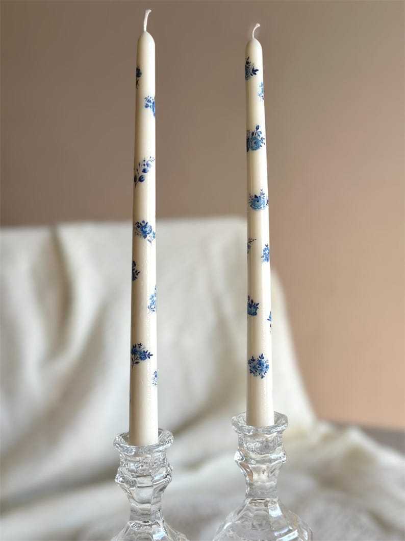 Blue Floral Taper Candles: Elegant Home Decor, 10 Inch
