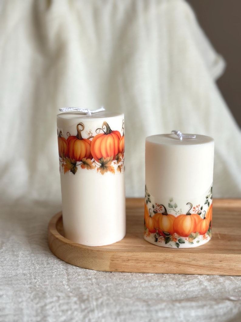 Autumn Pumpkin Pillar Candle Set: Olive Wax, Fall Home Decor