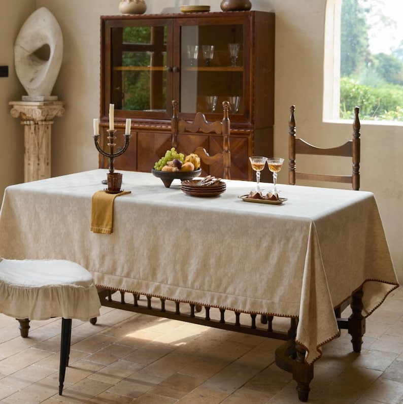 Embossed Floral Linen Tablecloth: French Vintage Jacquard Table Cover|Minimalism WeddingTable Decor