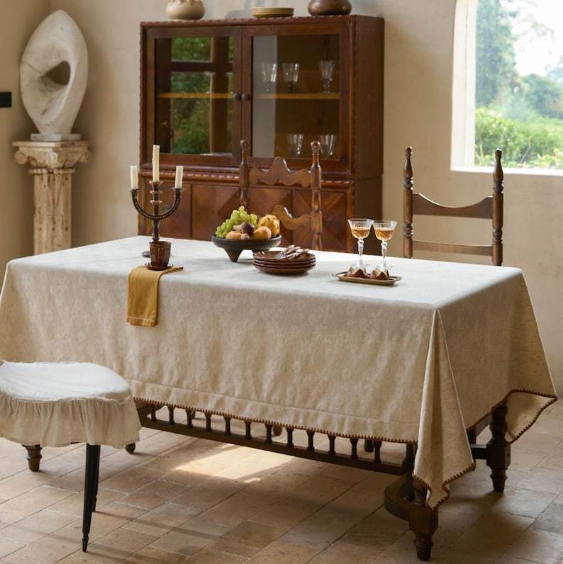 Embossed Floral Linen Tablecloth: French Vintage Jacquard Table Cover|Minimalism WeddingTable Decor