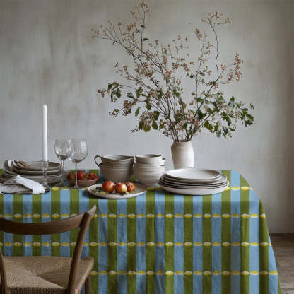 Blue Green Striped Tablecloth Yellow Accents, Modern Colorful Dining Table Cover, Rectangle Square Round Table Linen, Boho Home Decor