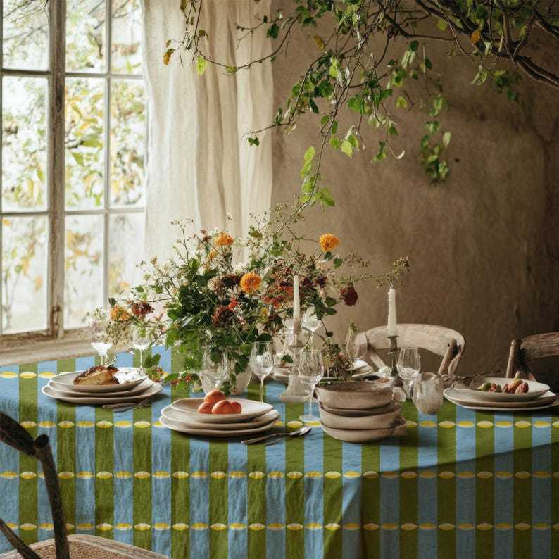 Blue Green Striped Tablecloth Yellow Accents, Modern Colorful Dining Table Cover, Rectangle Square Round Table Linen, Boho Home Decor