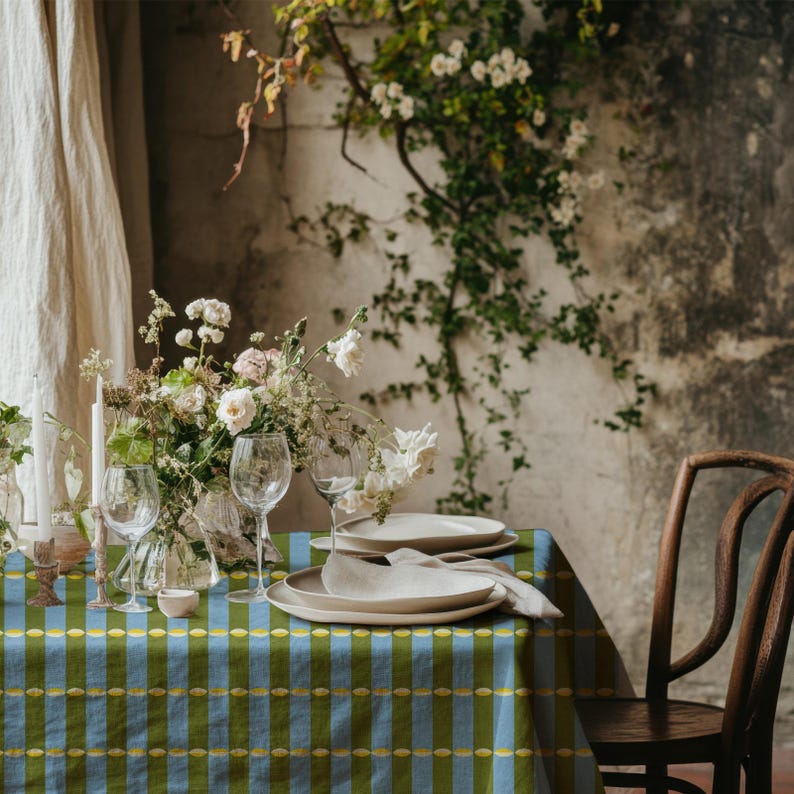 Blue Green Striped Tablecloth Yellow Accents, Modern Colorful Dining Table Cover, Rectangle Square Round Table Linen, Boho Home Decor