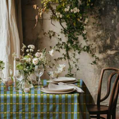 Blue Green Striped Tablecloth Yellow Accents, Modern Colorful Dining Table Cover, Rectangle Square Round Table Linen, Boho Home Decor