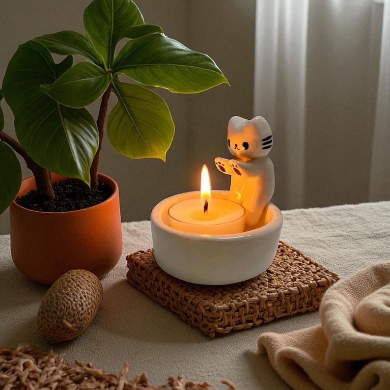 Whimsical Cat Roasting Candlestick: Resin Animal Candle Holder