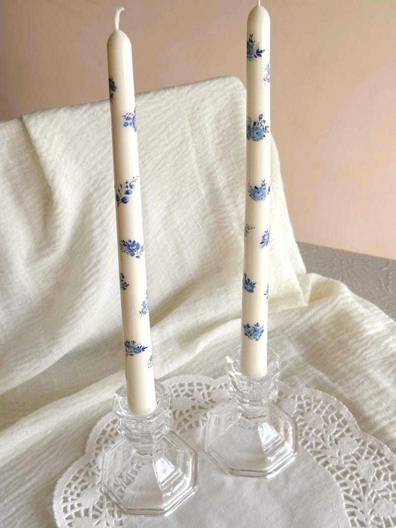Blue Floral Taper Candles: Elegant Home Decor, 10 Inch
