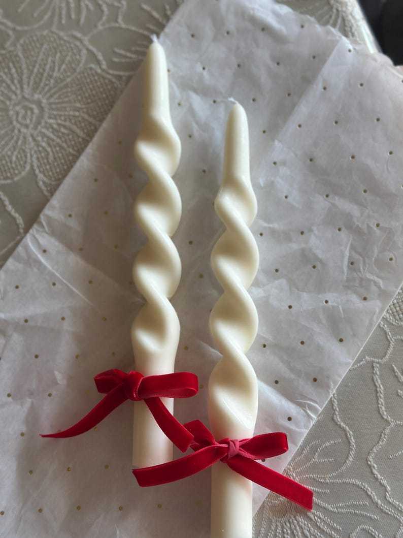 Handmade Olive Wax Spiral Taper Candles: Elegant Twisted Design. Thanksgiving table decor Christmas candles