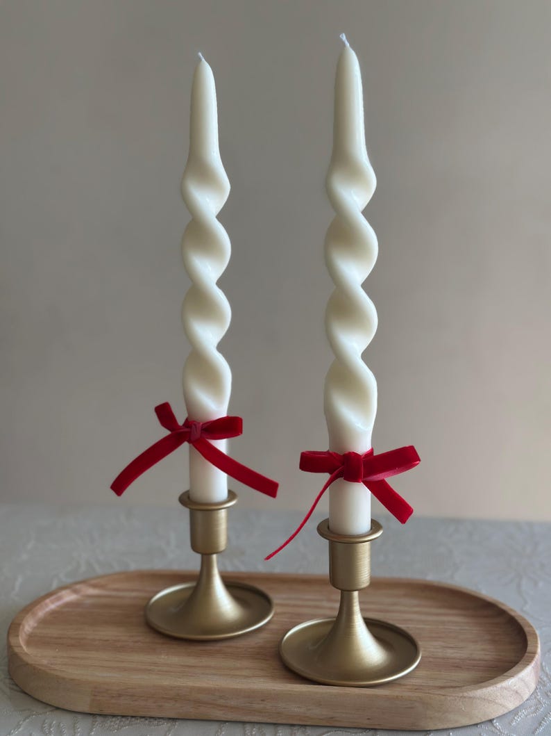 Handmade Olive Wax Spiral Taper Candles: Elegant Twisted Design. Thanksgiving table decor Christmas candles