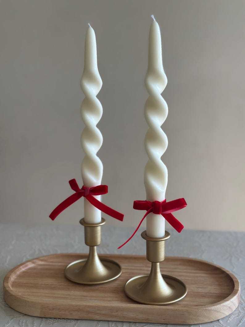 Handmade Olive Wax Spiral Taper Candles: Elegant Twisted Design. Thanksgiving table decor Christmas candles