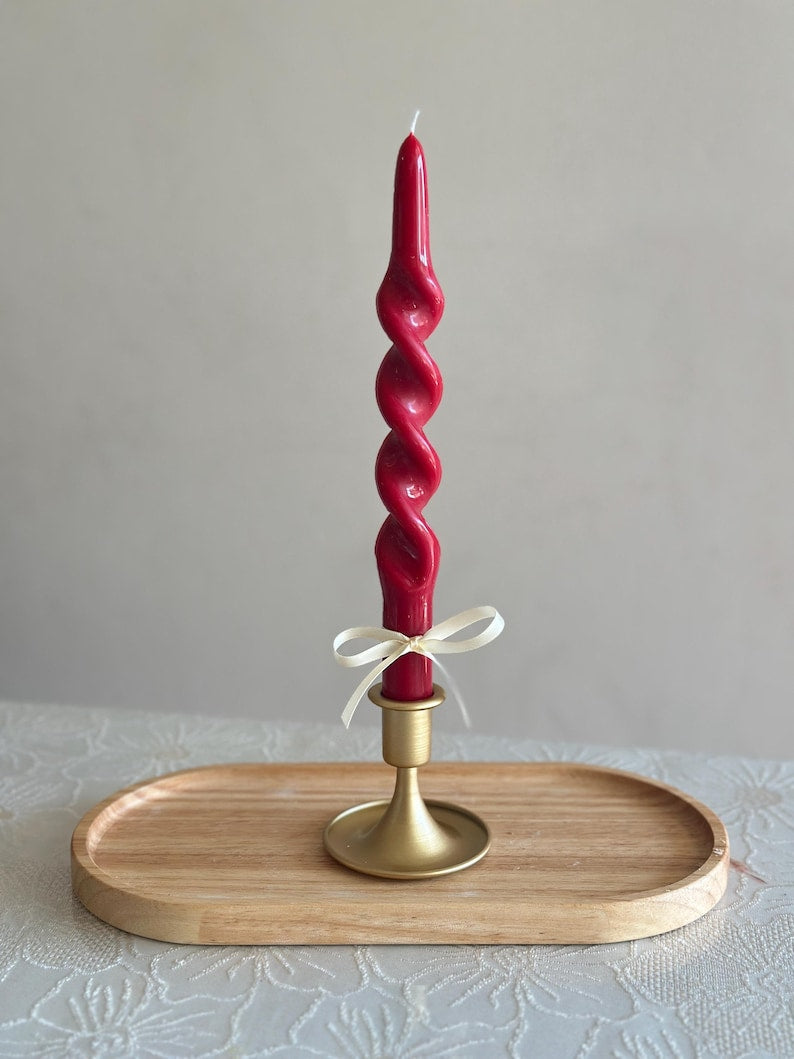 Handmade Red Twisted Taper Candles: Olive Wax, Elegant Design, Christmas table decor