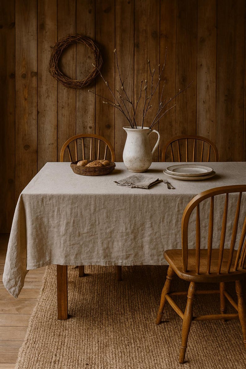 Raw linen tablecloth, vintage looking linen tablecloth, stonewashed farmhouse heavy weight rustic coarse texture linen fabric tablecloth