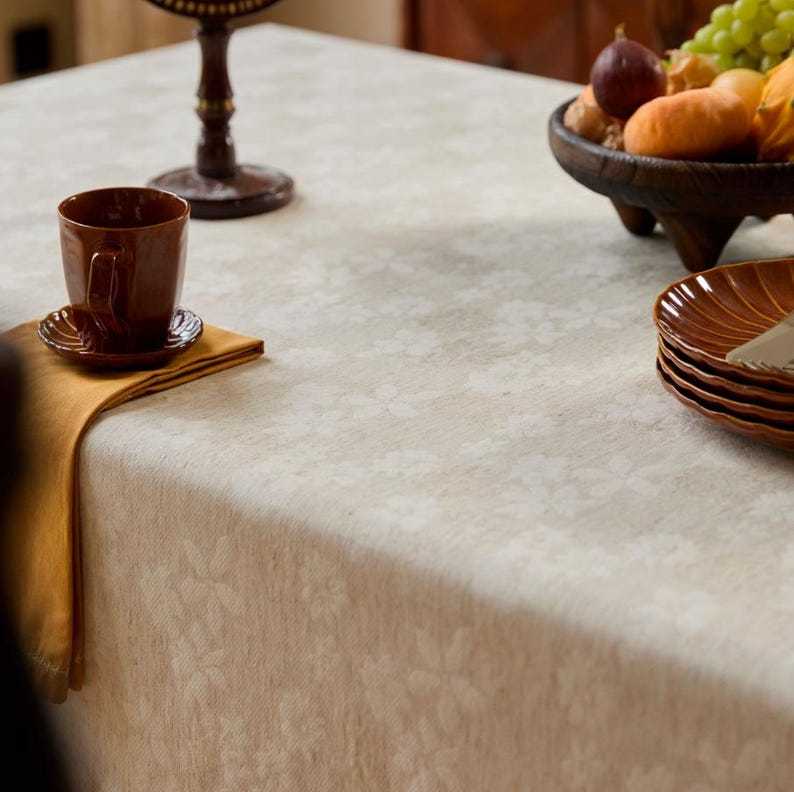Embossed Floral Linen Tablecloth: French Vintage Jacquard Table Cover|Minimalism WeddingTable Decor