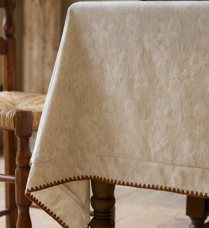 Embossed Floral Linen Tablecloth: French Vintage Jacquard Table Cover|Minimalism WeddingTable Decor