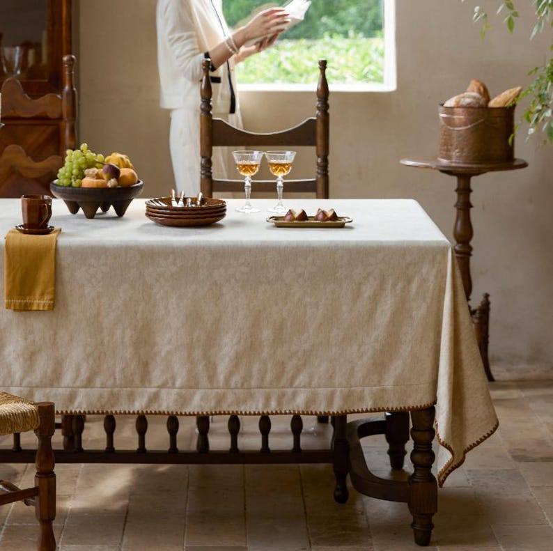 Embossed Floral Linen Tablecloth: French Vintage Jacquard Table Cover|Minimalism WeddingTable Decor