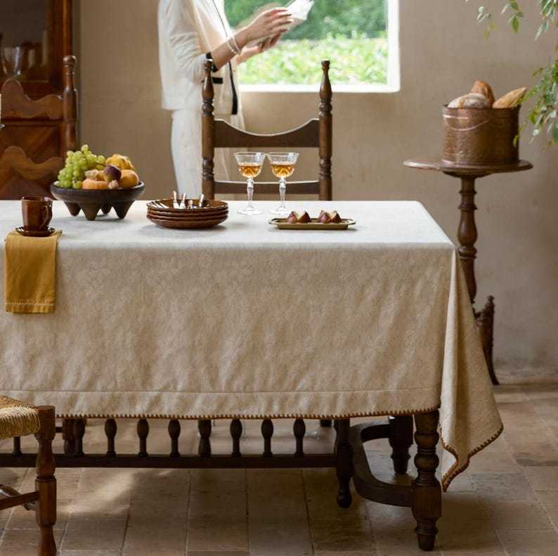 Embossed Floral Linen Tablecloth: French Vintage Jacquard Table Cover|Minimalism WeddingTable Decor