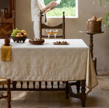 Embossed Floral Linen Tablecloth: French Vintage Jacquard Table Cover|Minimalism WeddingTable Decor