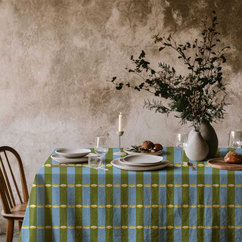 Blue Green Striped Tablecloth Yellow Accents, Modern Colorful Dining Table Cover, Rectangle Square Round Table Linen, Boho Home Decor