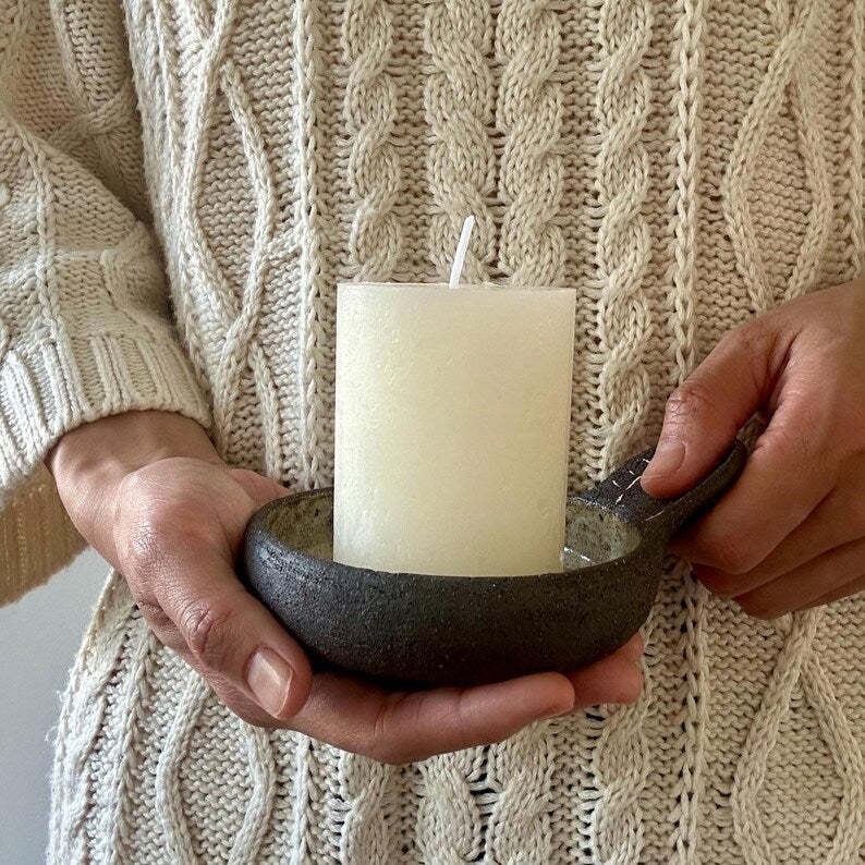 Made to order - Handmade Ceramic Candle Plate with Handle | Mishima Pottery