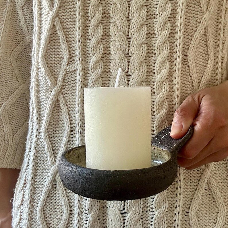 Made to order - Handmade Ceramic Candle Plate with Handle | Mishima Pottery