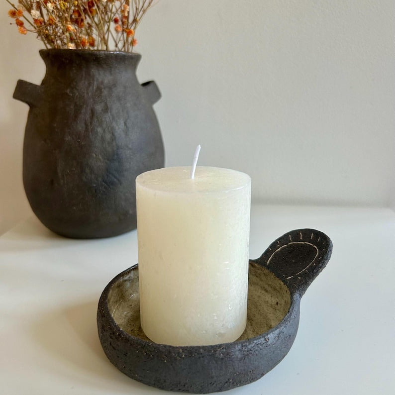 Made to order - Handmade Ceramic Candle Plate with Handle | Mishima Pottery