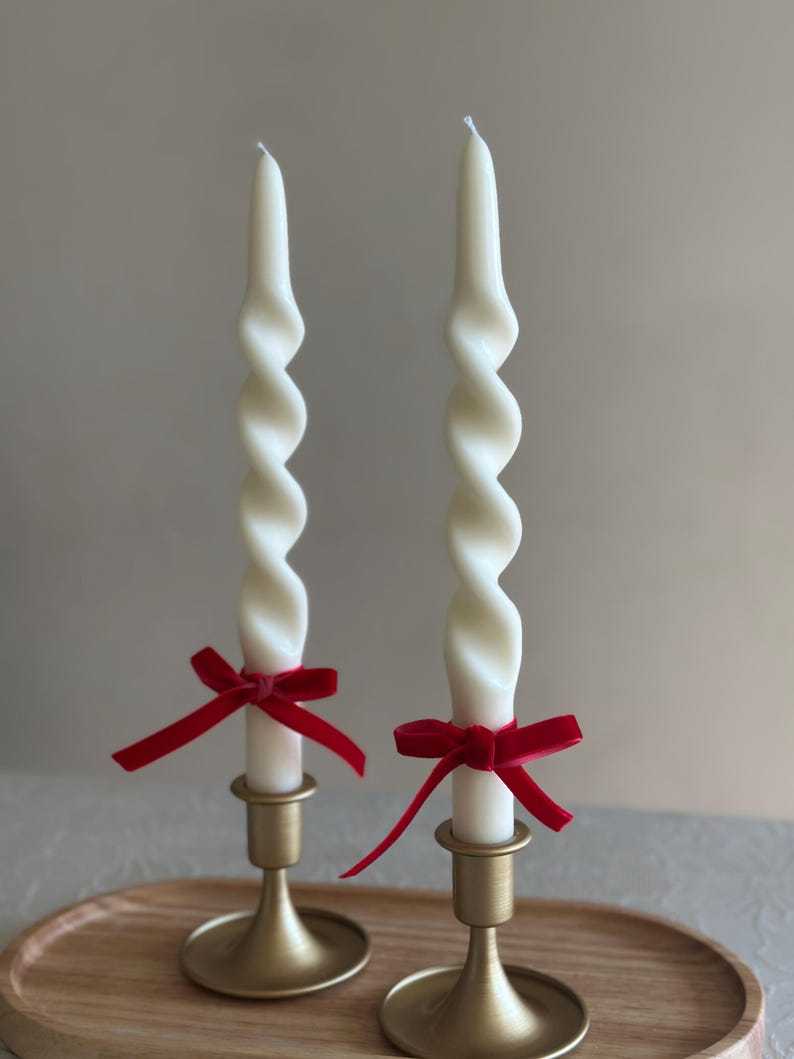 Handmade Olive Wax Spiral Taper Candles: Elegant Twisted Design. Thanksgiving table decor Christmas candles