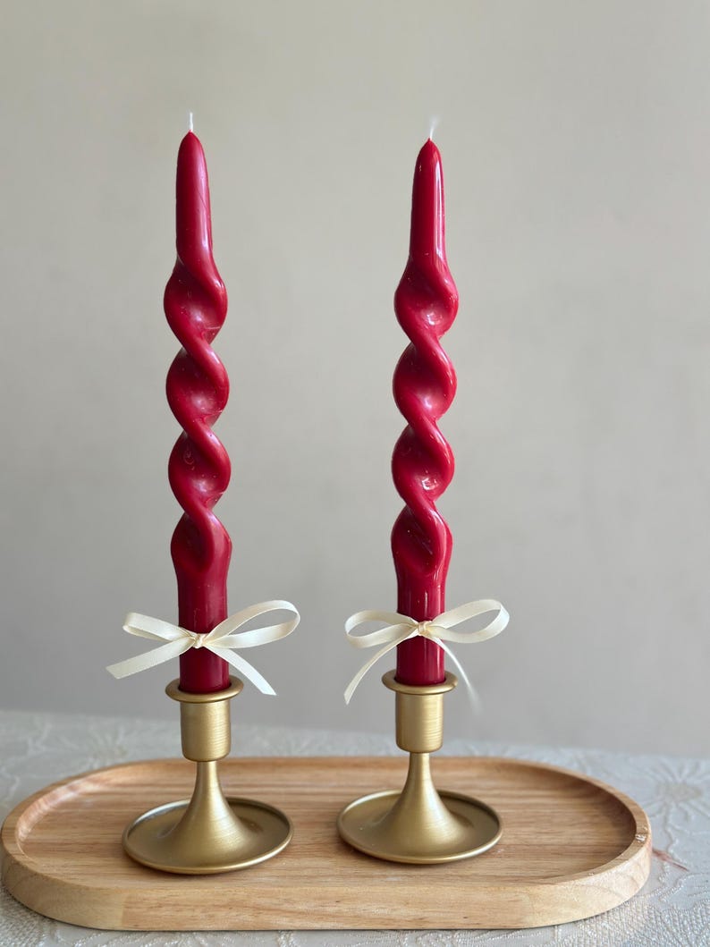 Handmade Red Twisted Taper Candles: Olive Wax, Elegant Design, Christmas table decor