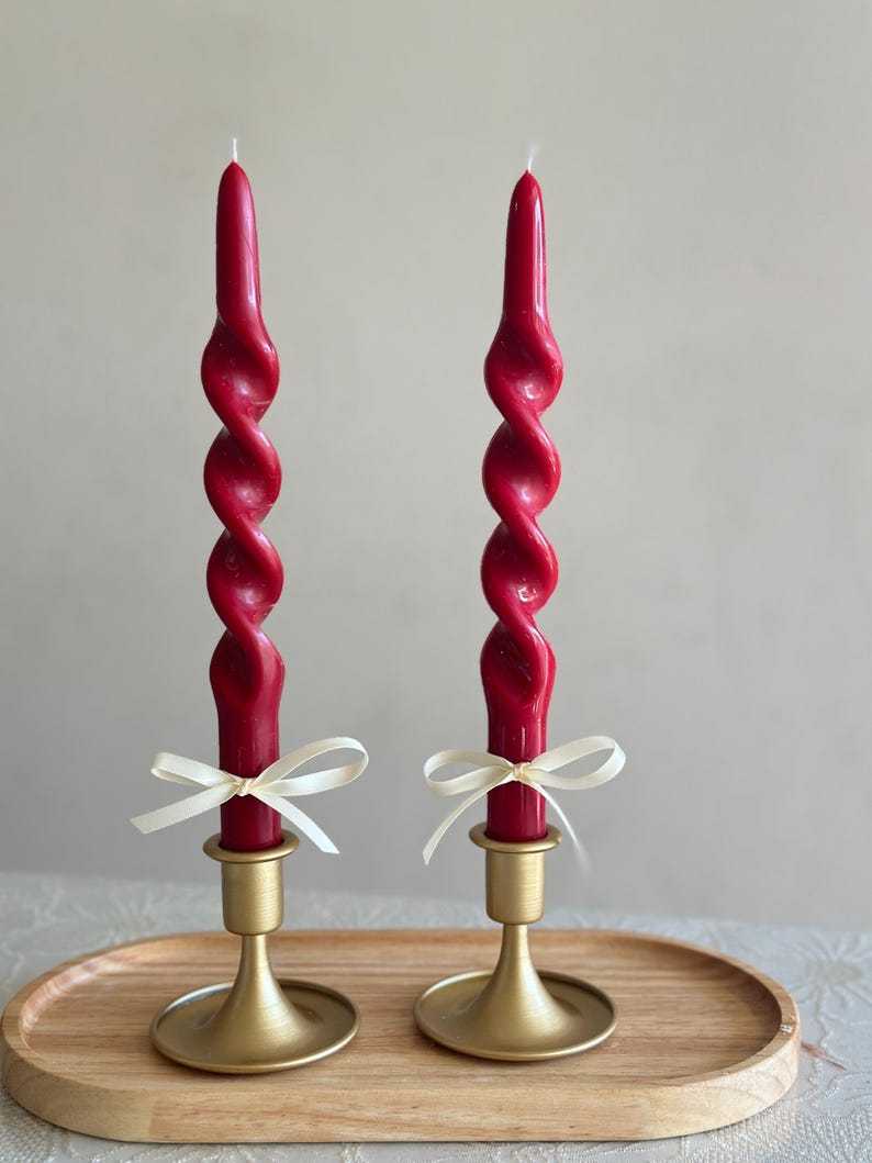 Handmade Red Twisted Taper Candles: Olive Wax, Elegant Design, Christmas table decor