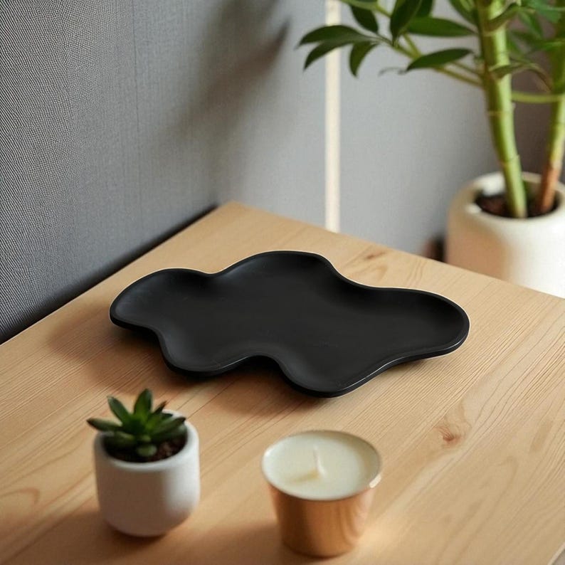 Modern Abstract Black Concrete Tray for Organizing Jewelry Keys Makeup Candles or Coffee Table Decor Handmade Minimalist Style
