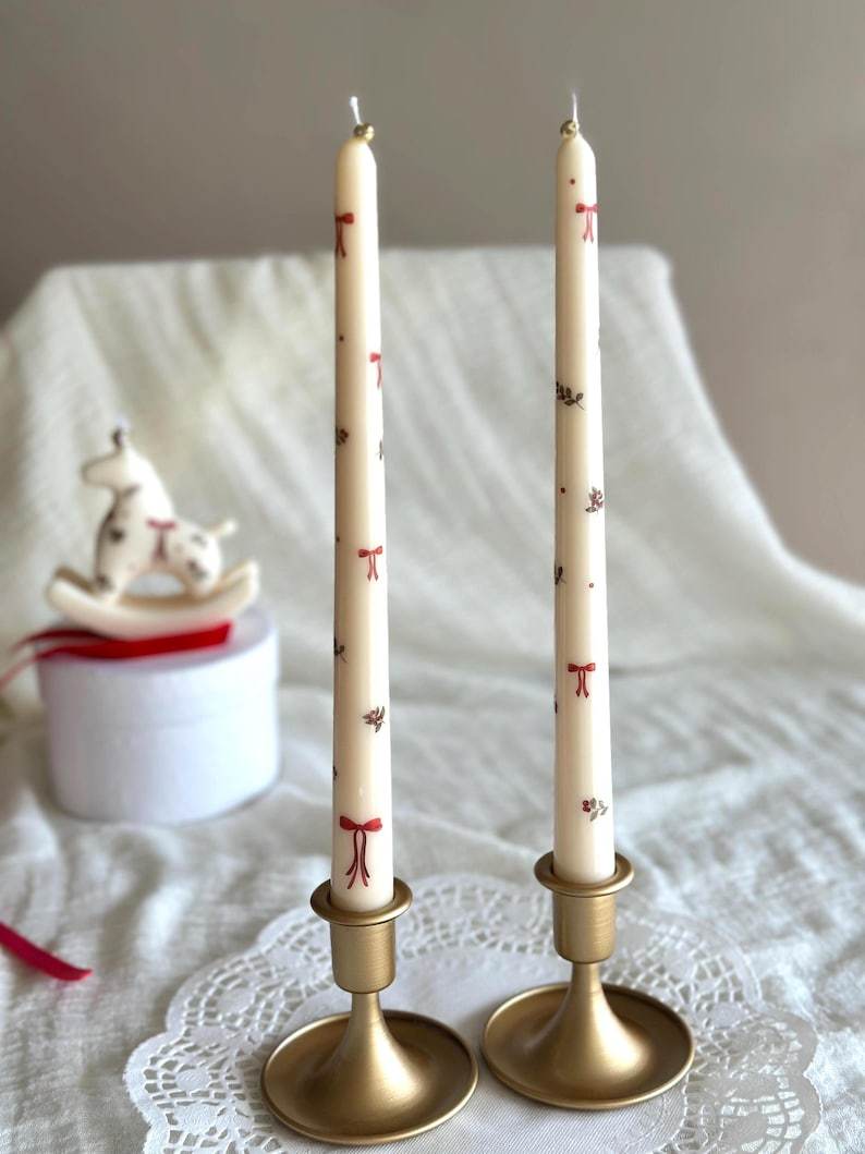 Handmade Taper Candles: Red Bow & Floral Christmas Decor