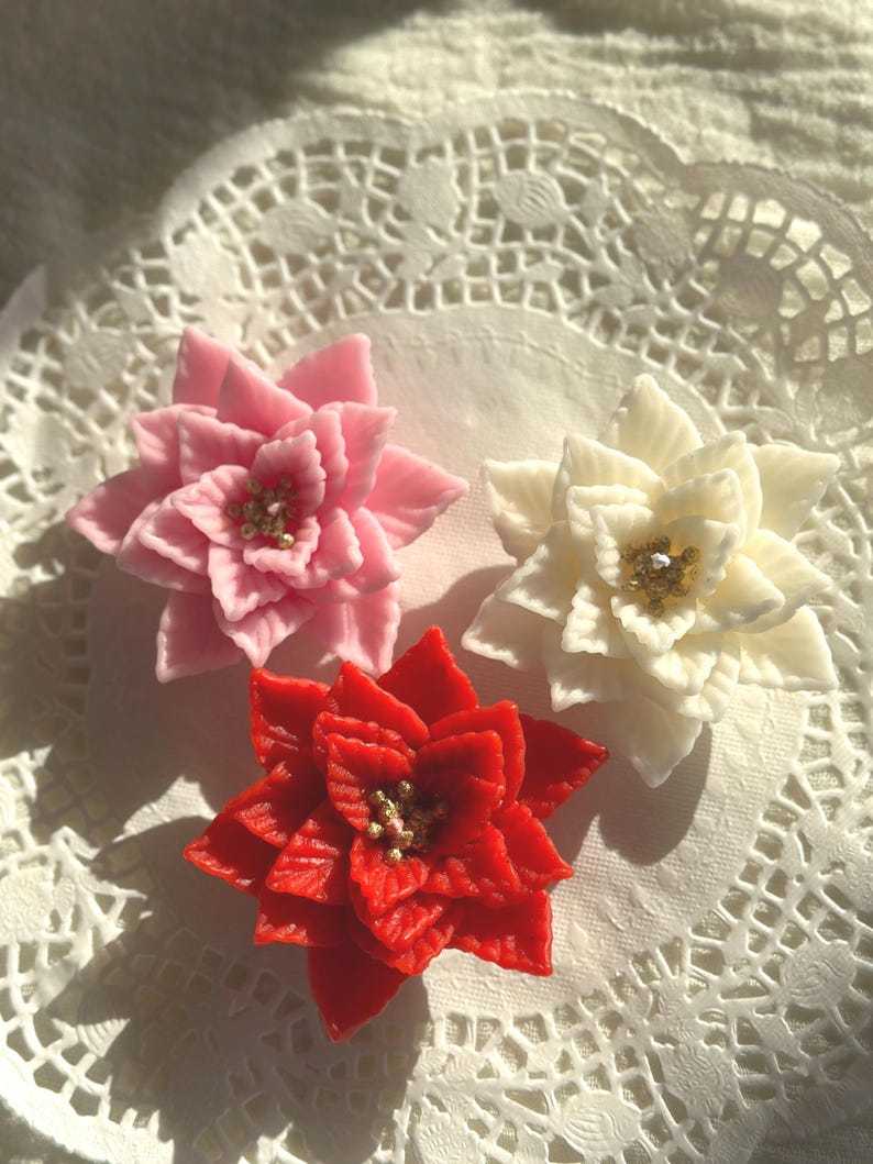 Handmade Beeswax Poinsettia Candle: Holiday Flower Table Decor