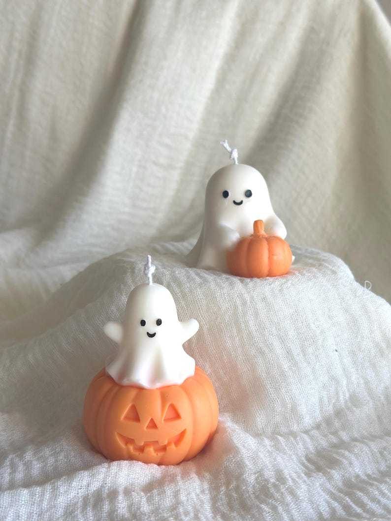Handmade Halloween Ghost and Pumpkin Candles, Spooky Fall Decor